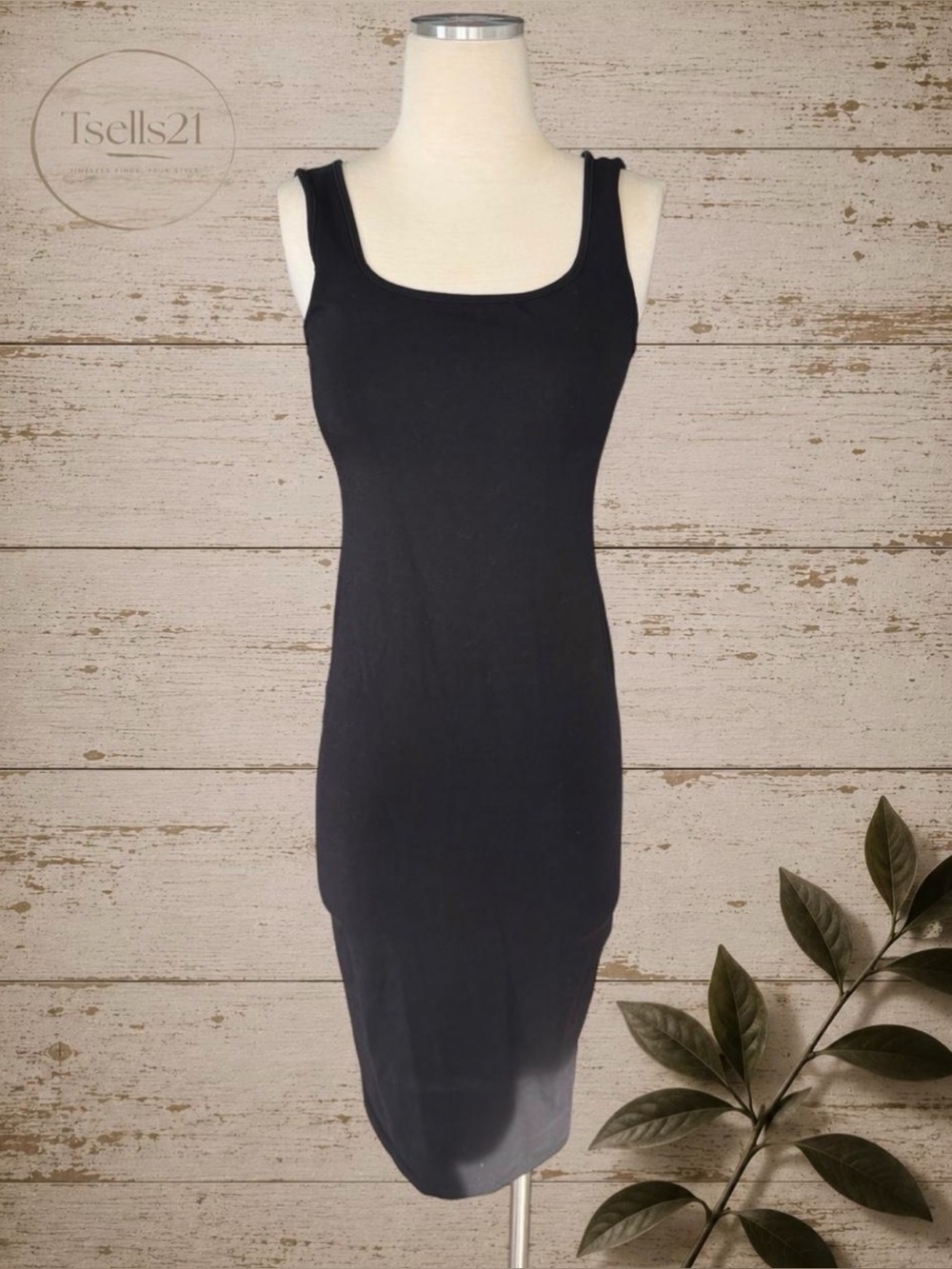H&M Classic Black Cotton Blend Scoop Neck Bodycon Midi Dress - Size M